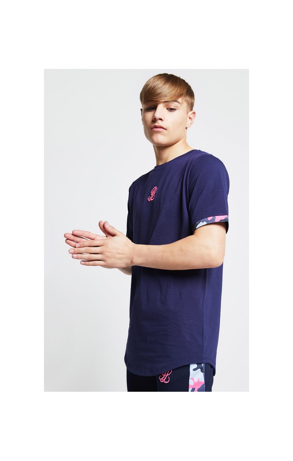 Illusive London T-Shirt Kontrast Saum - Marineblau und Neon Rosa Camouflage (2)
