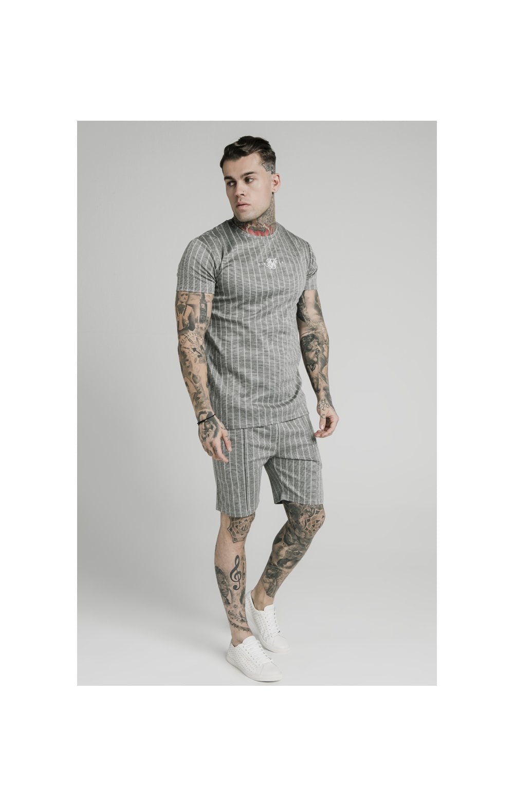 SikSilk Pleated Smart Shorts – Grey Pin Stripe (2)