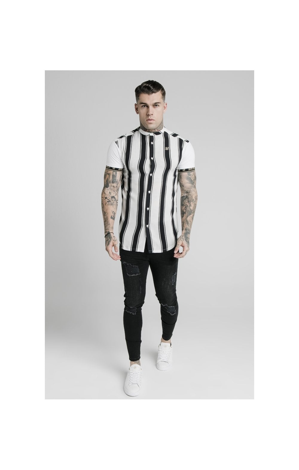 SikSilk High Collar Resort Shirt - Black &amp; White