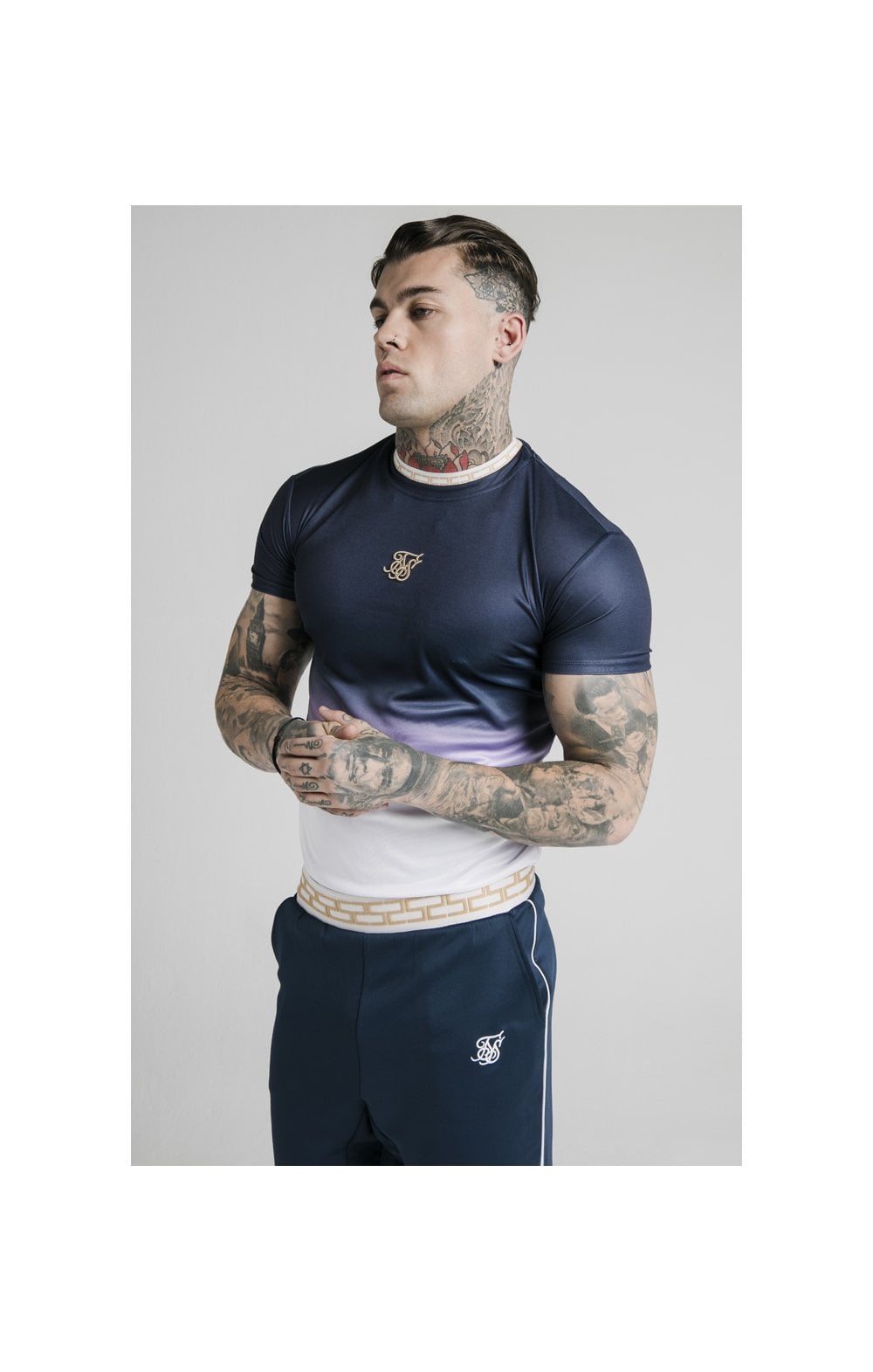 SikSilk S/S Fade Inset Tape Gym Tee - Navy &amp; White