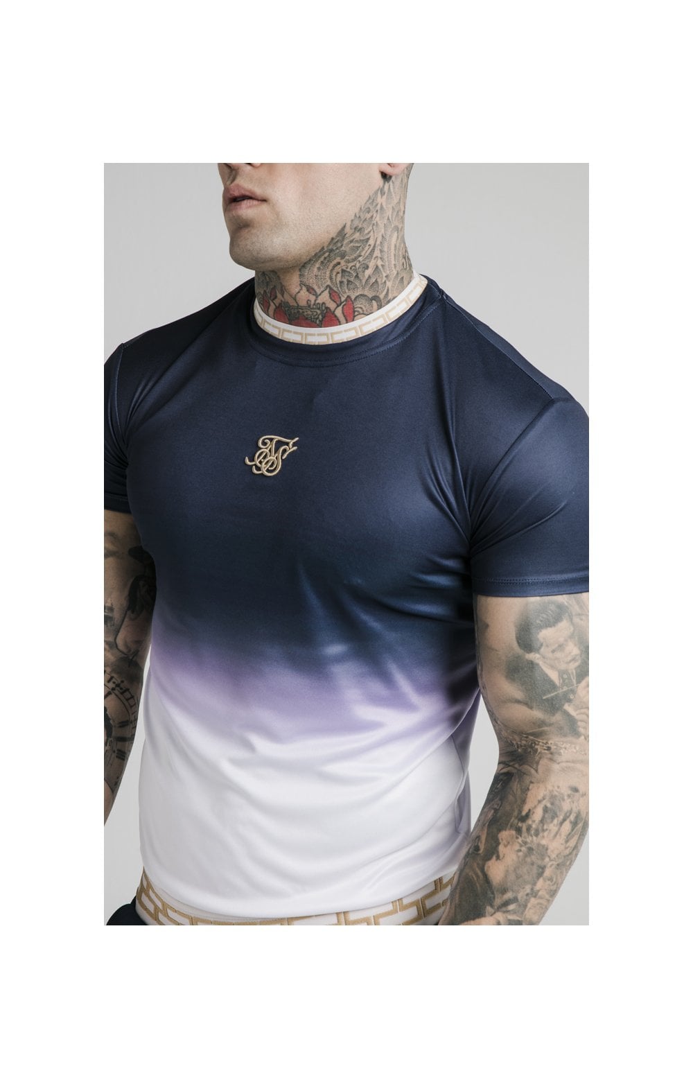 SikSilk S/S Fade Inset Tape Gym Tee - Navy &amp; White (1)