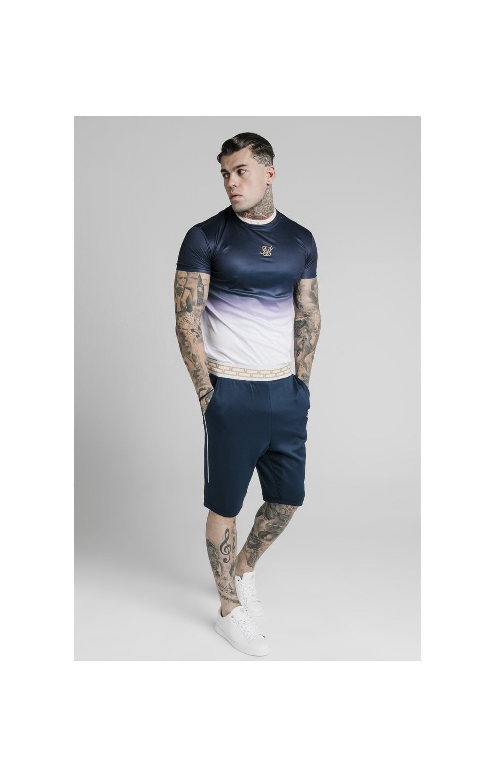 SikSilk S/S Fade Inset Tape Gym Tee - Navy &amp; White (3)