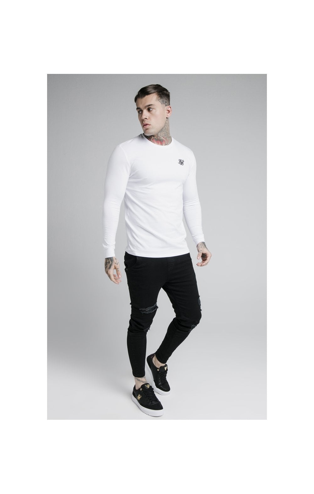 White Long Sleeve Straight Hem Muscle Fit T-Shirt (2)
