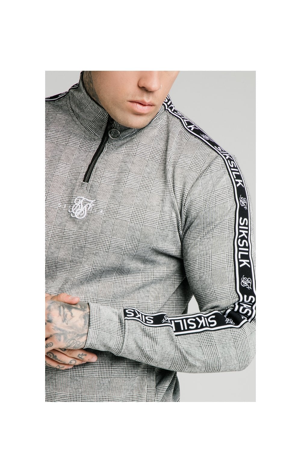 SikSilk Dog Tooth Check 1/4 Zip Funnel Neck Hoodie - Black &amp; White (1)