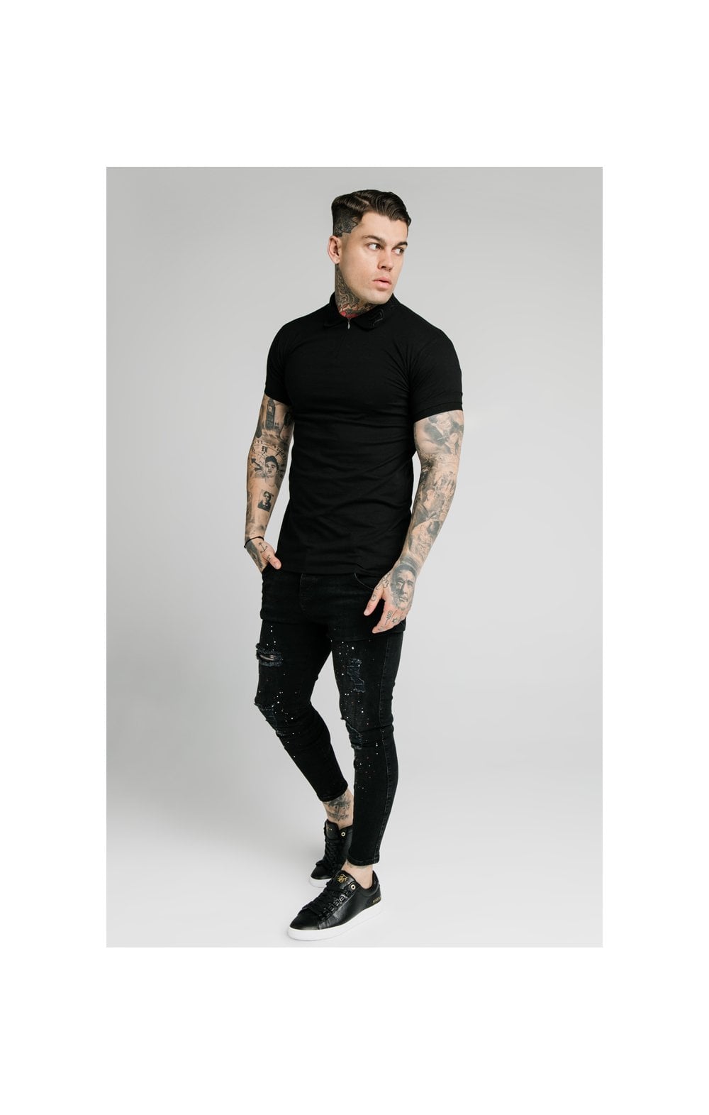SikSilk S/S Old English Inset Cuff Polo - Black (4)