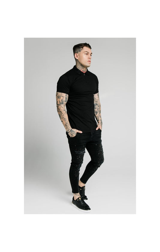 SikSilk S/S Old English Inset Cuff Polo - Black