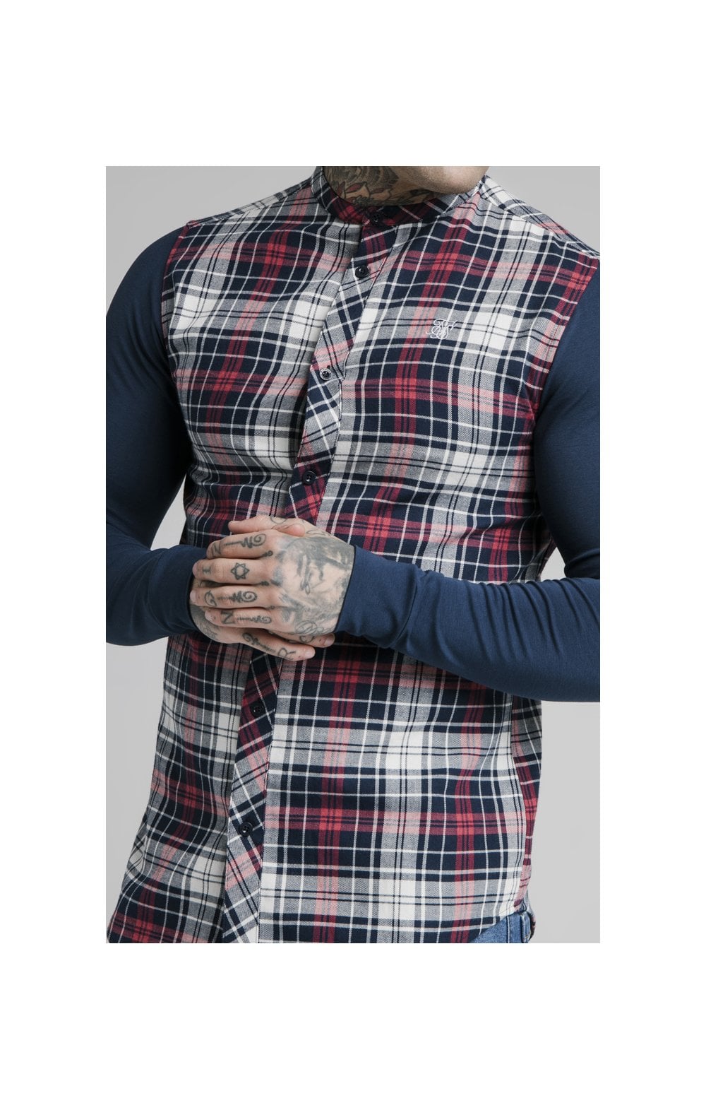 SikSilk L/S Flannel Grandad Shirt - Navy (1)