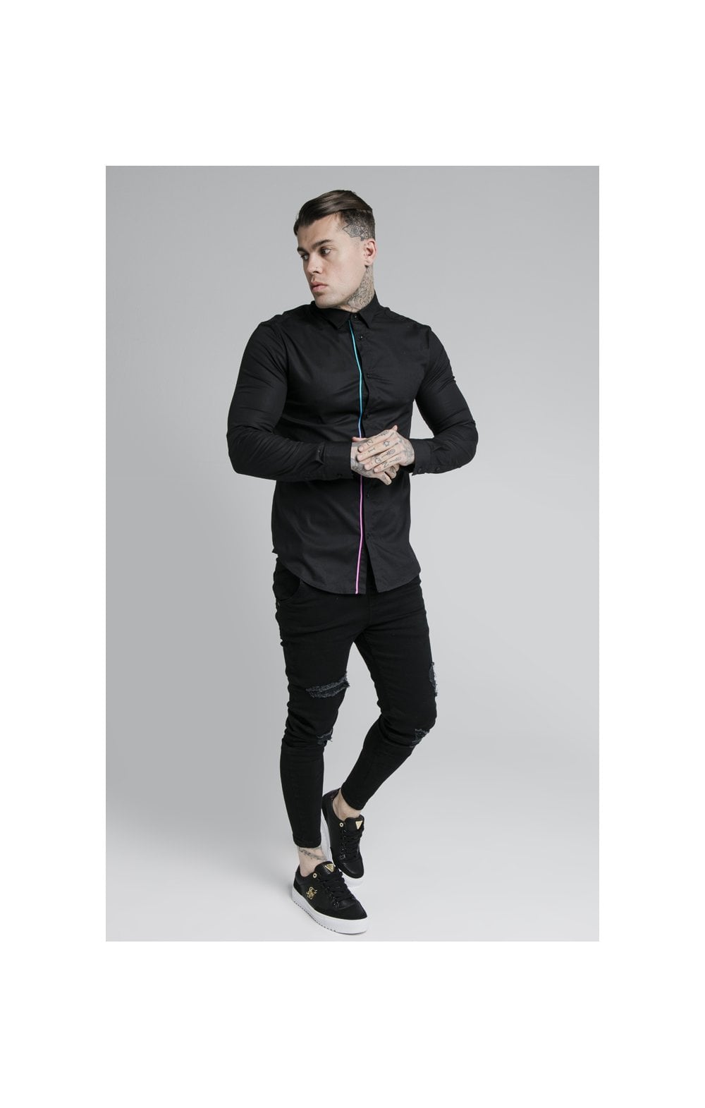 SikSilk L/S Fade Piping Shirt - Black &amp; Neon Fade (2)
