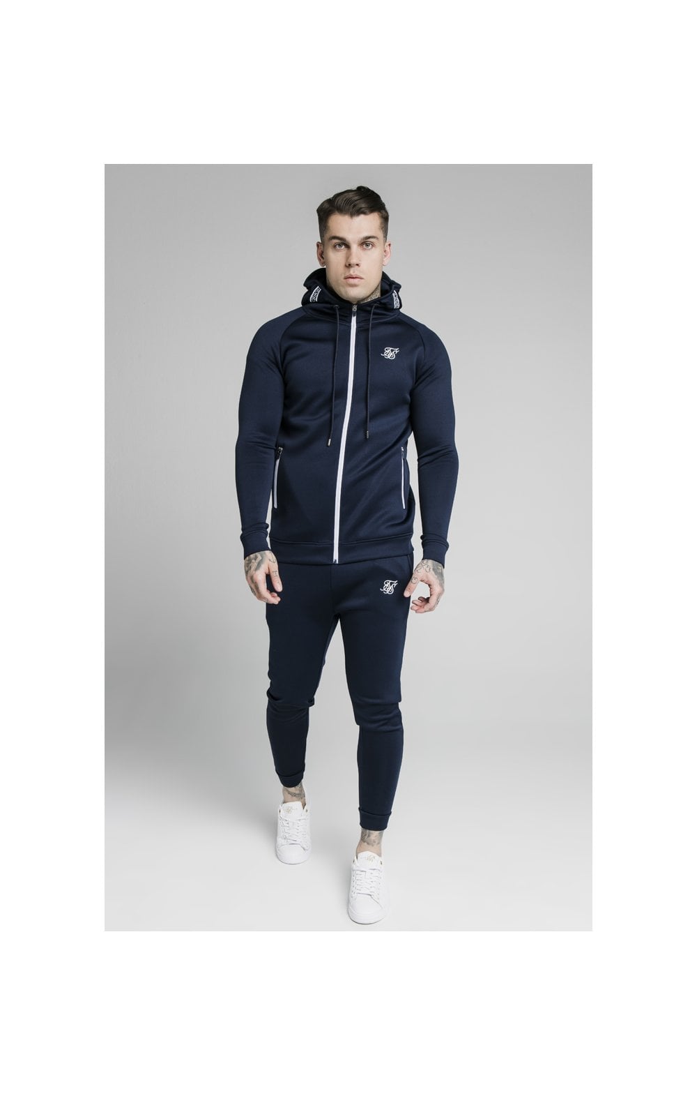 SikSilk Element Muscle Fit Cuff Joggers - Navy &amp; White (2)