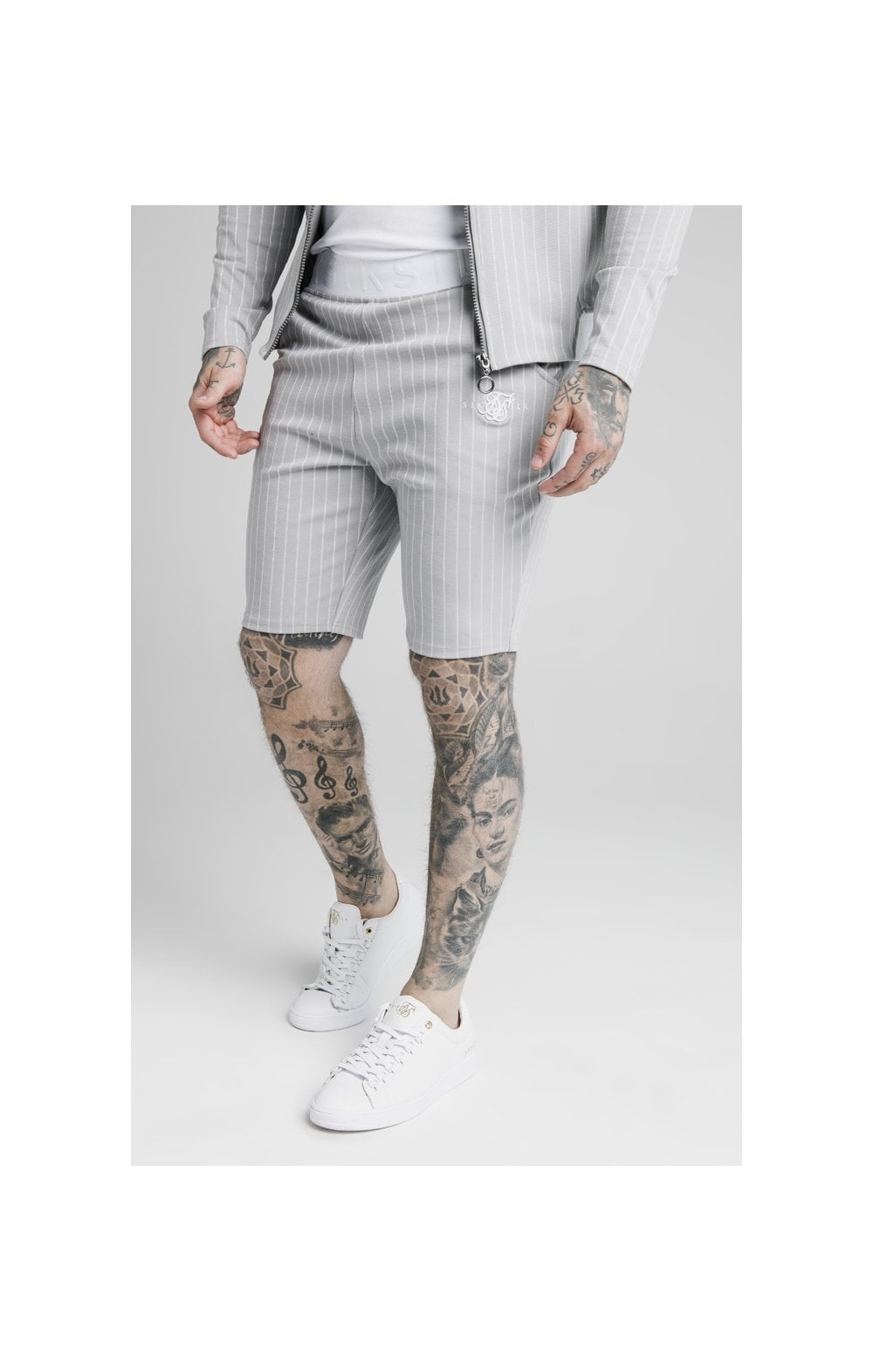 SikSilk Dual Stripe Poly Shorts - Grey &amp; White