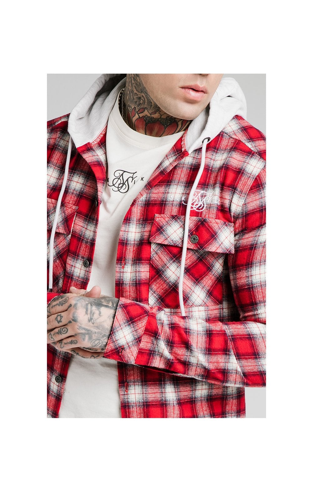 SikSilk L/S Hooded Flannel Shirt Jacket - Red &amp; Off White (1)
