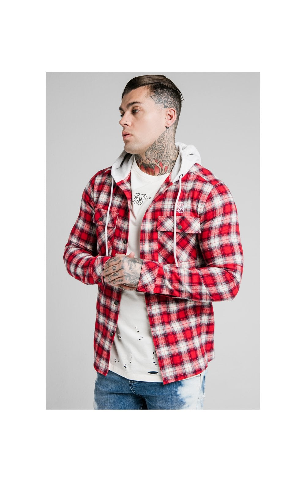 SikSilk L/S Hooded Flannel Shirt Jacket - Red &amp; Off White