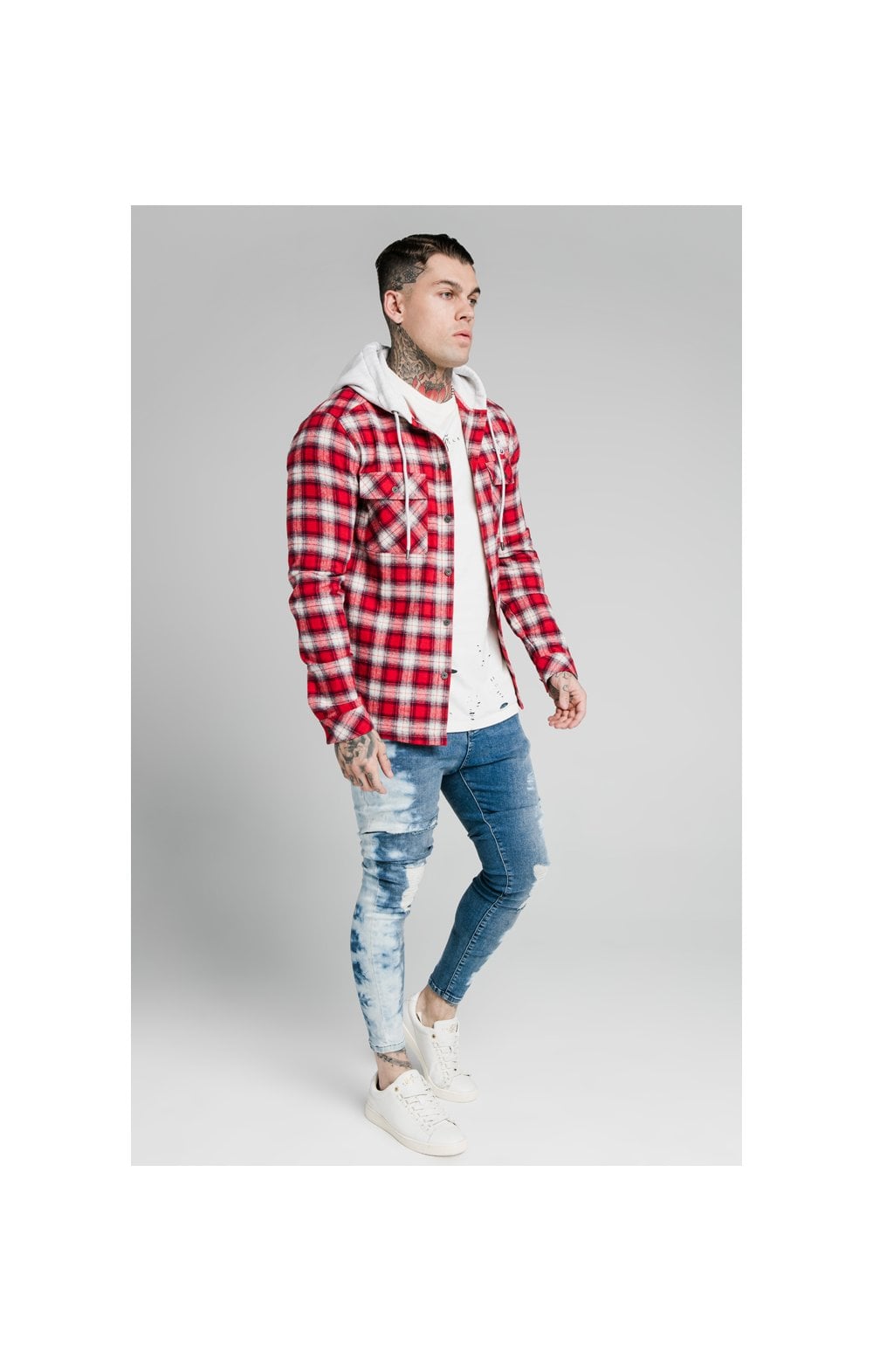 SikSilk L/S Hooded Flannel Shirt Jacket - Red &amp; Off White (2)