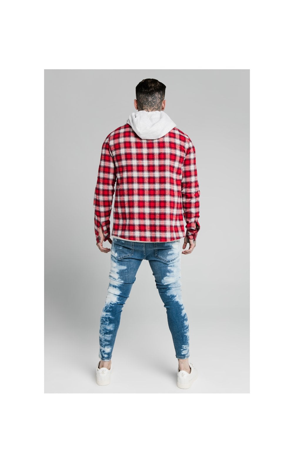 SikSilk L/S Hooded Flannel Shirt Jacket - Red &amp; Off White (3)
