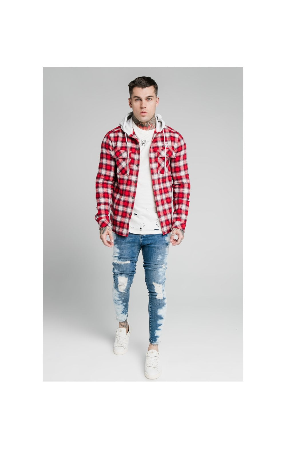 SikSilk L/S Hooded Flannel Shirt Jacket - Red &amp; Off White (4)