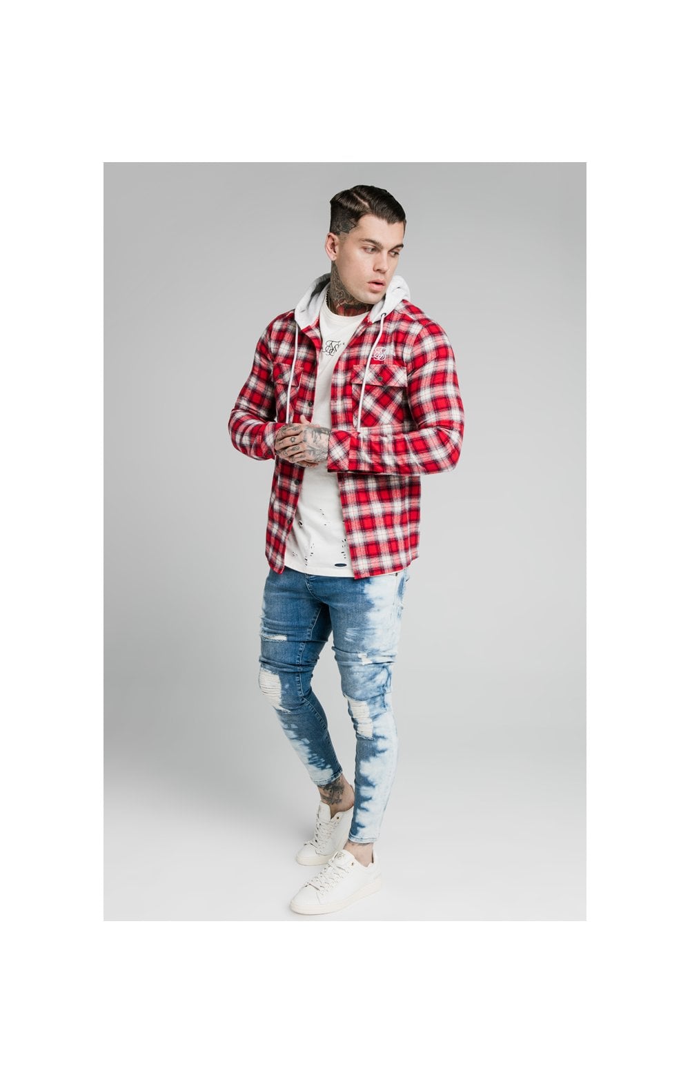 SikSilk L/S Hooded Flannel Shirt Jacket - Red &amp; Off White (5)