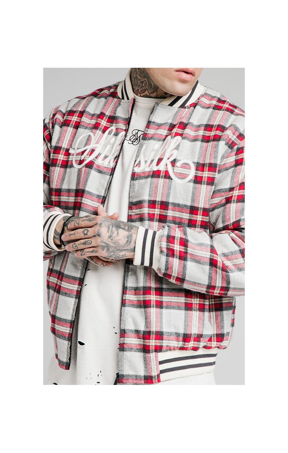 SikSilk Oversize Flannel Check Bomber - Grey &amp; Red (1)