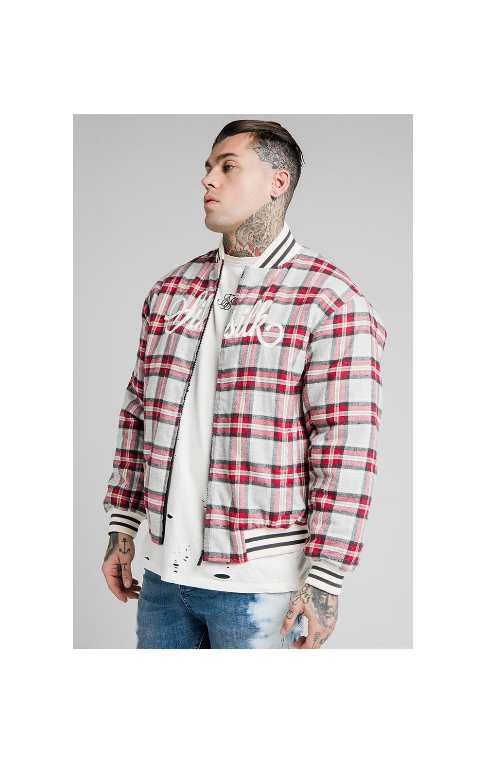 SikSilk Oversize Flannel Check Bomber - Grey &amp; Red