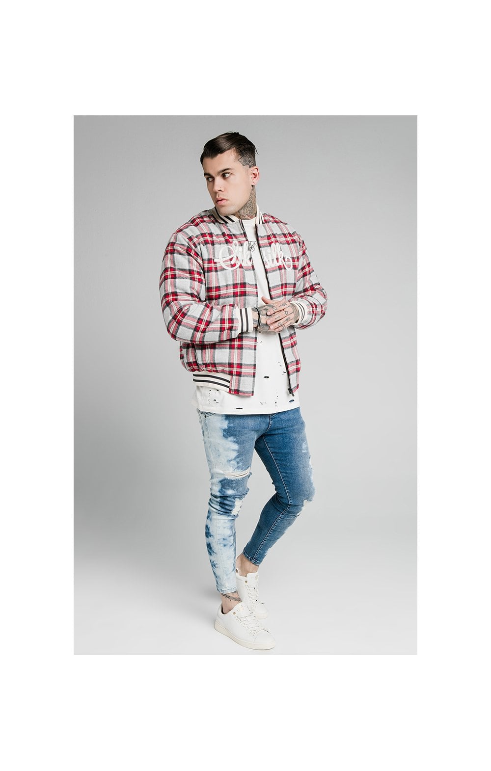 SikSilk Oversize Flannel Check Bomber - Grey &amp; Red (3)