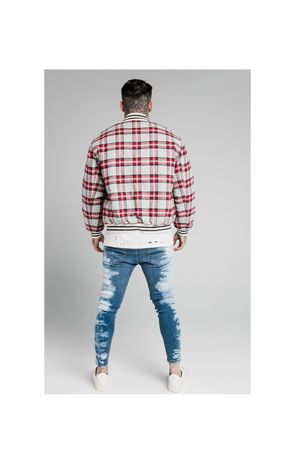 SikSilk Oversize Flannel Check Bomber - Grey &amp; Red (4)