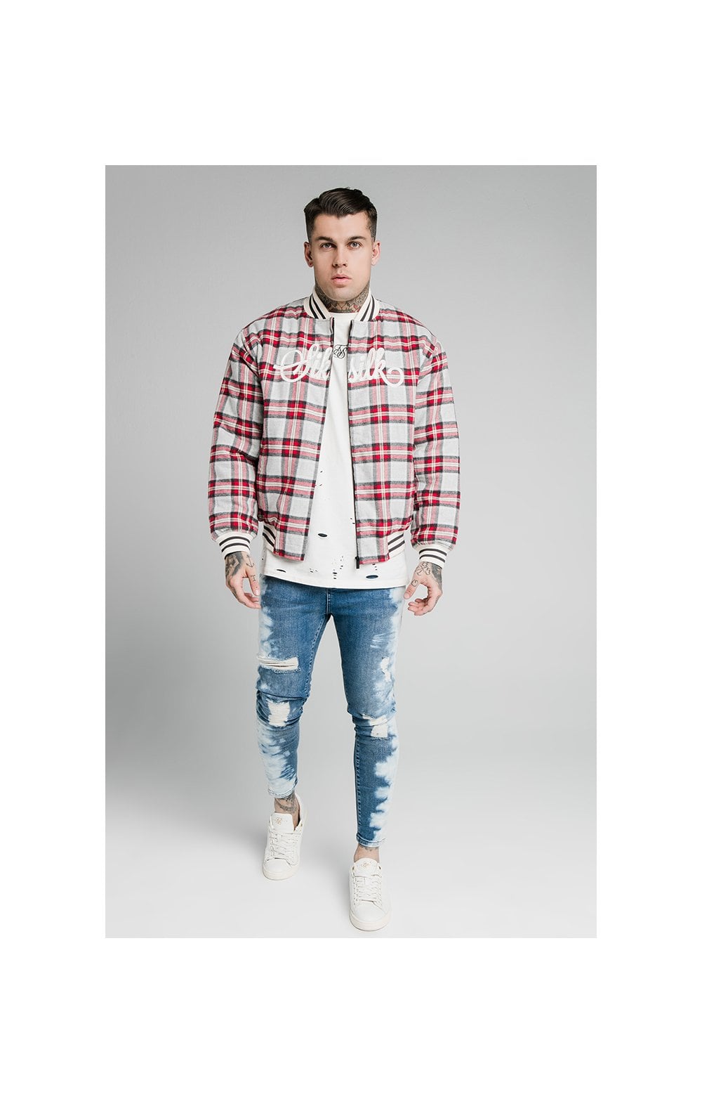 SikSilk Oversize Flannel Check Bomber - Grey &amp; Red (5)