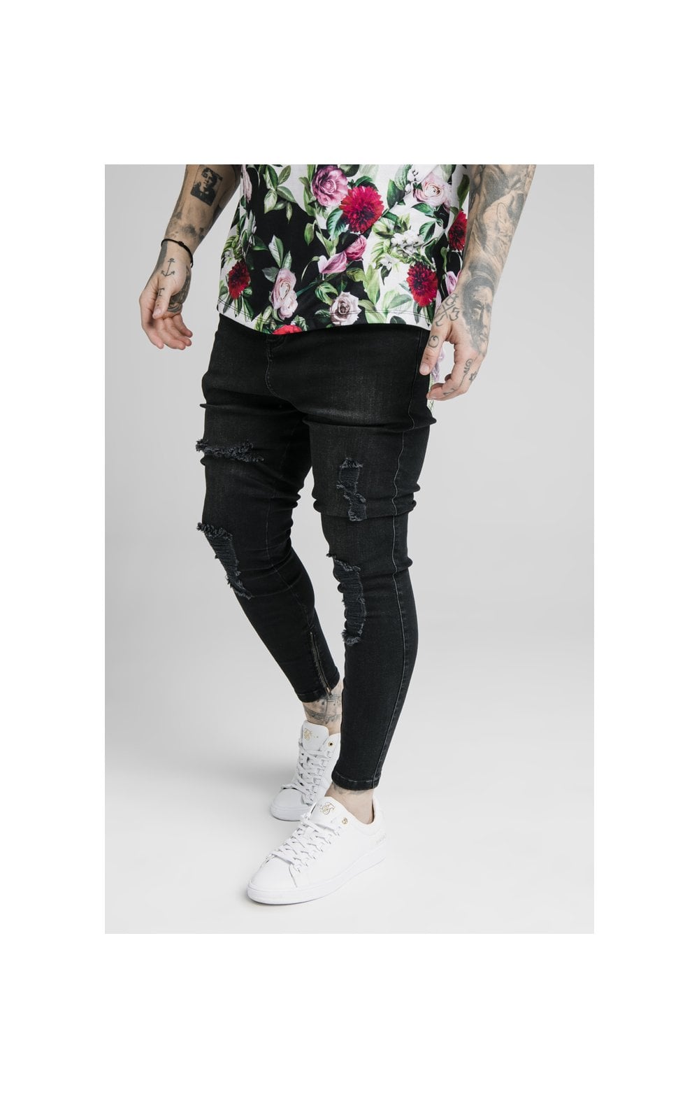 SikSilk Drop Crotch Jeans - Black &amp; Floral Pixel