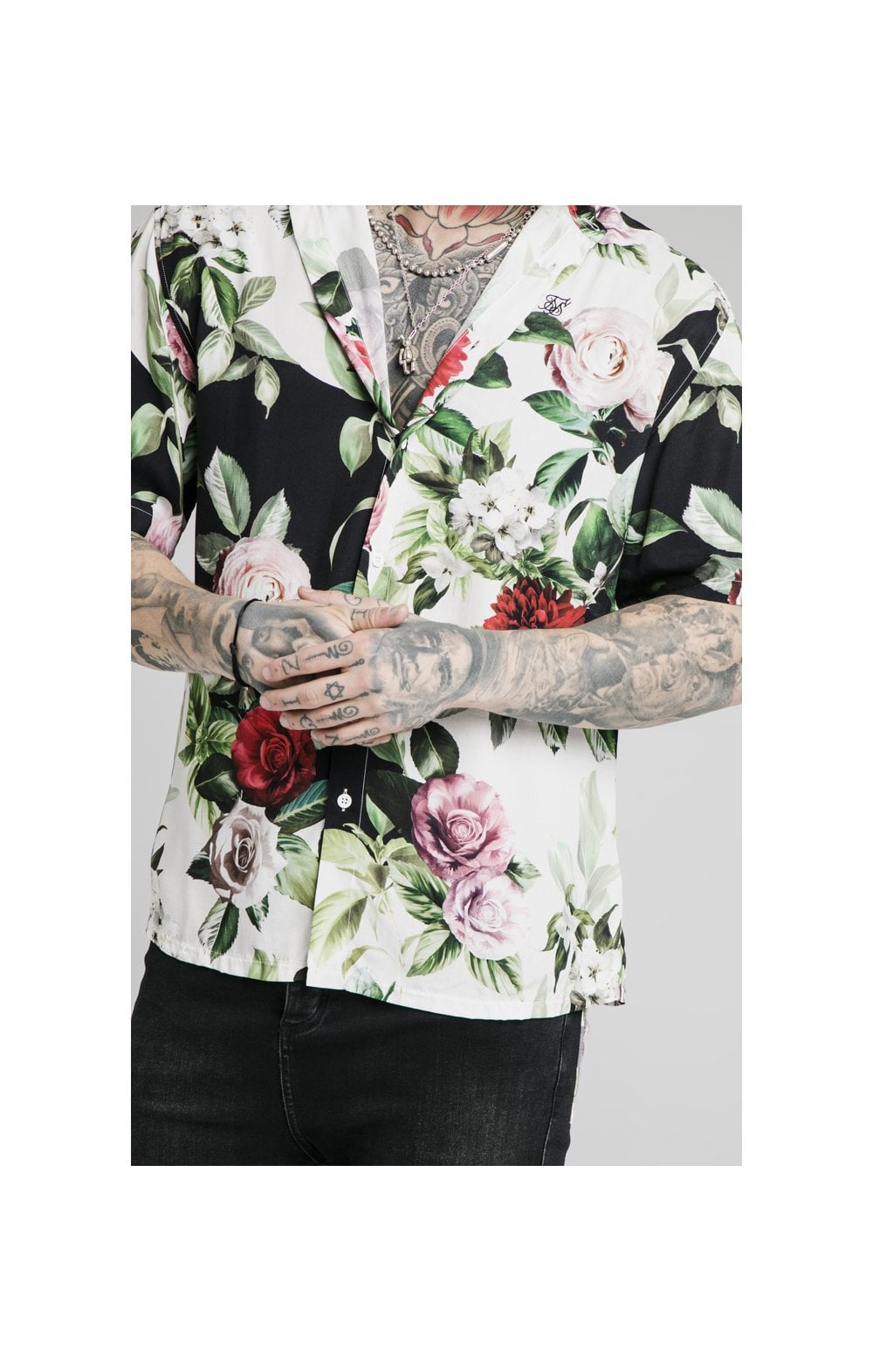 SikSilk Floral Pixel High Collar Resort Shirt - Black &amp; Floral Pixel (1)