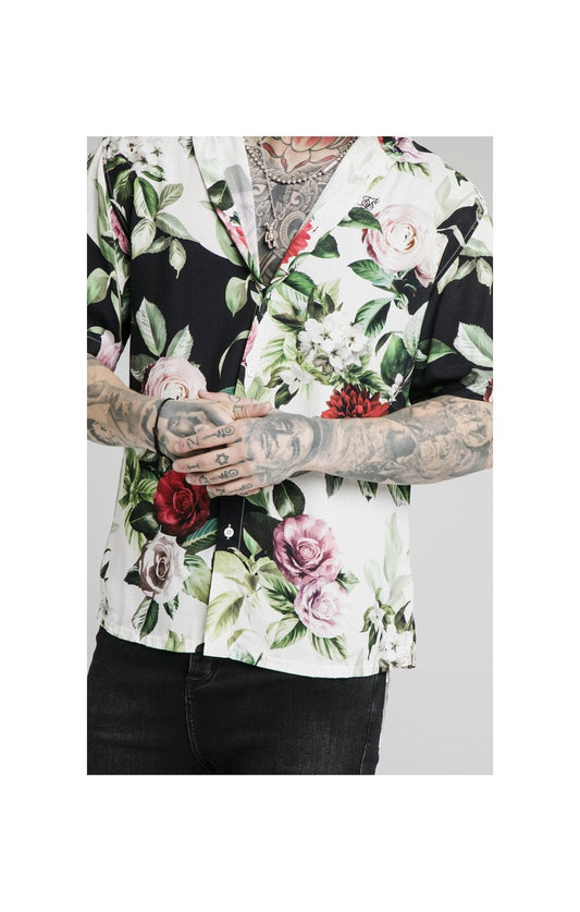SikSilk Floral Pixel High Collar Resort Shirt - Black & Floral Pixel