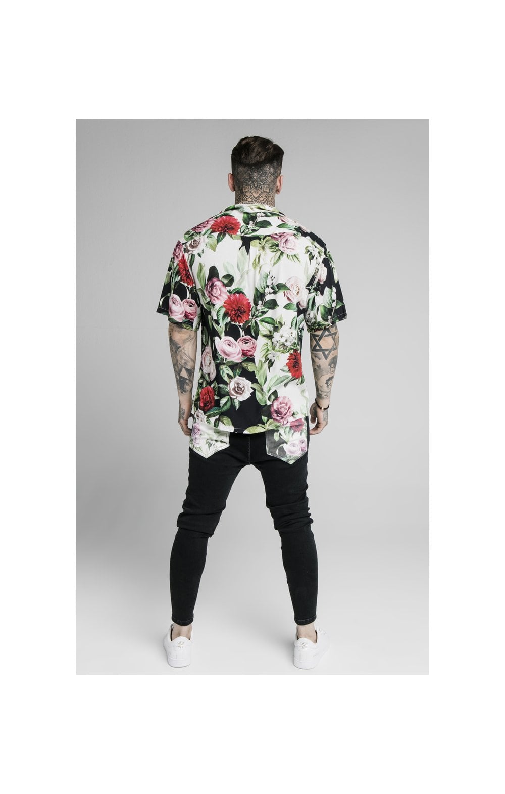 SikSilk Floral Pixel High Collar Resort Shirt - Black &amp; Floral Pixel (5)