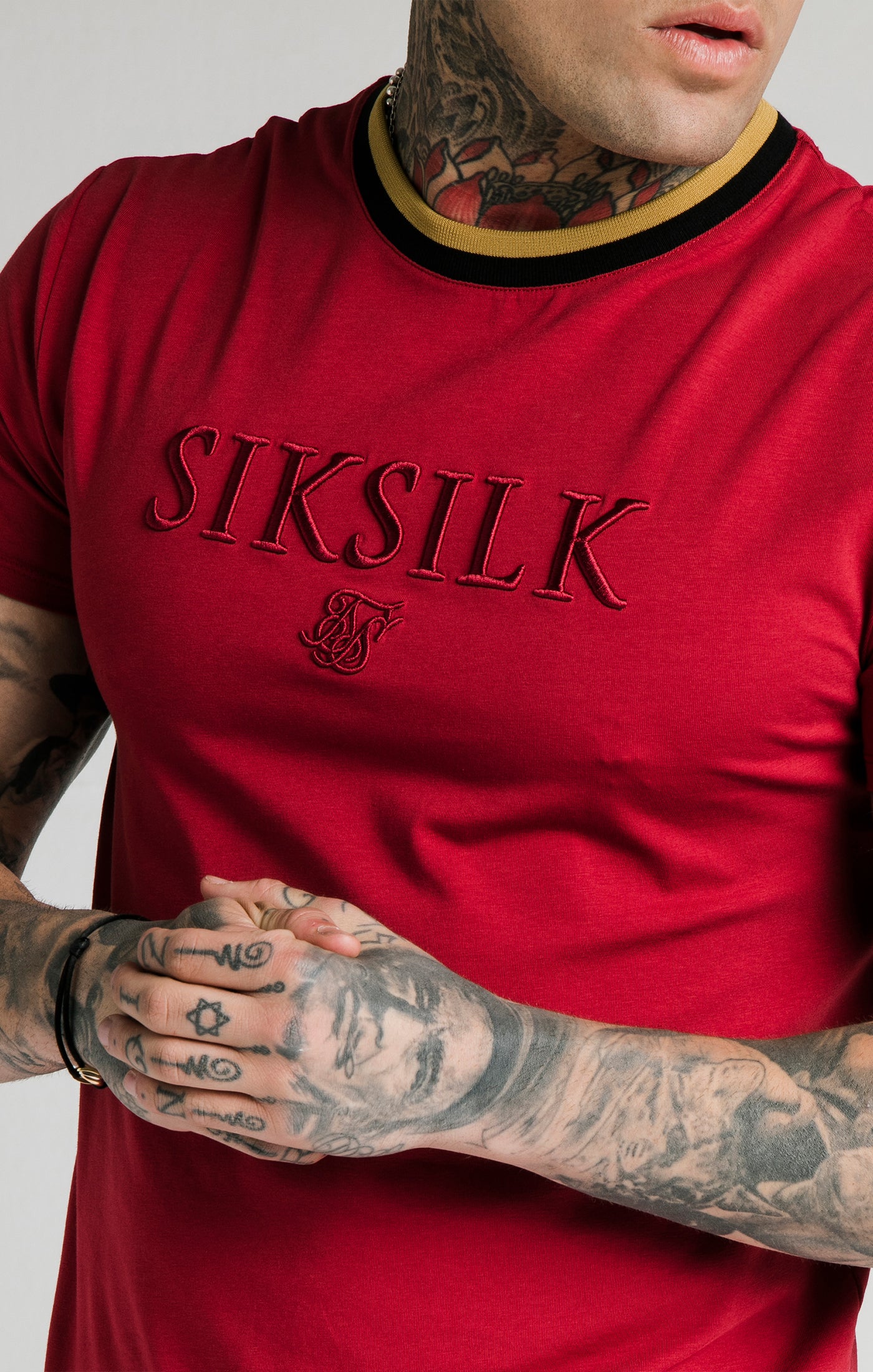 SikSilk Straight Hem Gym Tee – Red,Gold &amp; Black (1)