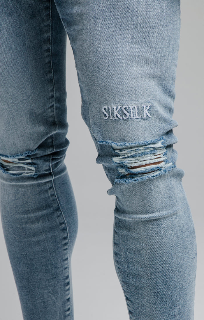 SikSilk Raw Hem Burst Knee Denims - Blue Wash (2)