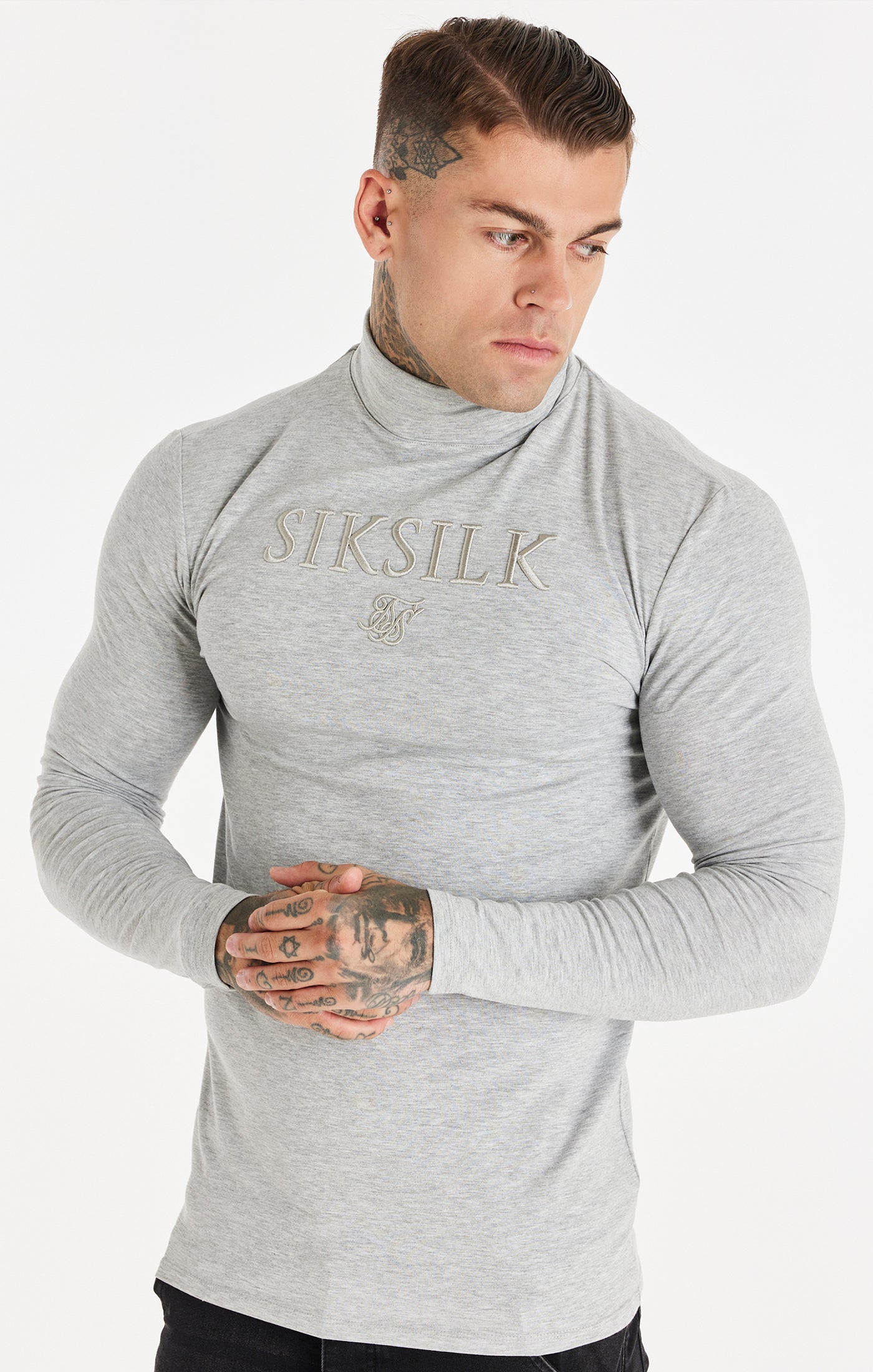 Grey Marl Long Sleeve Turtle Neck Muscle Fit T-Shirt