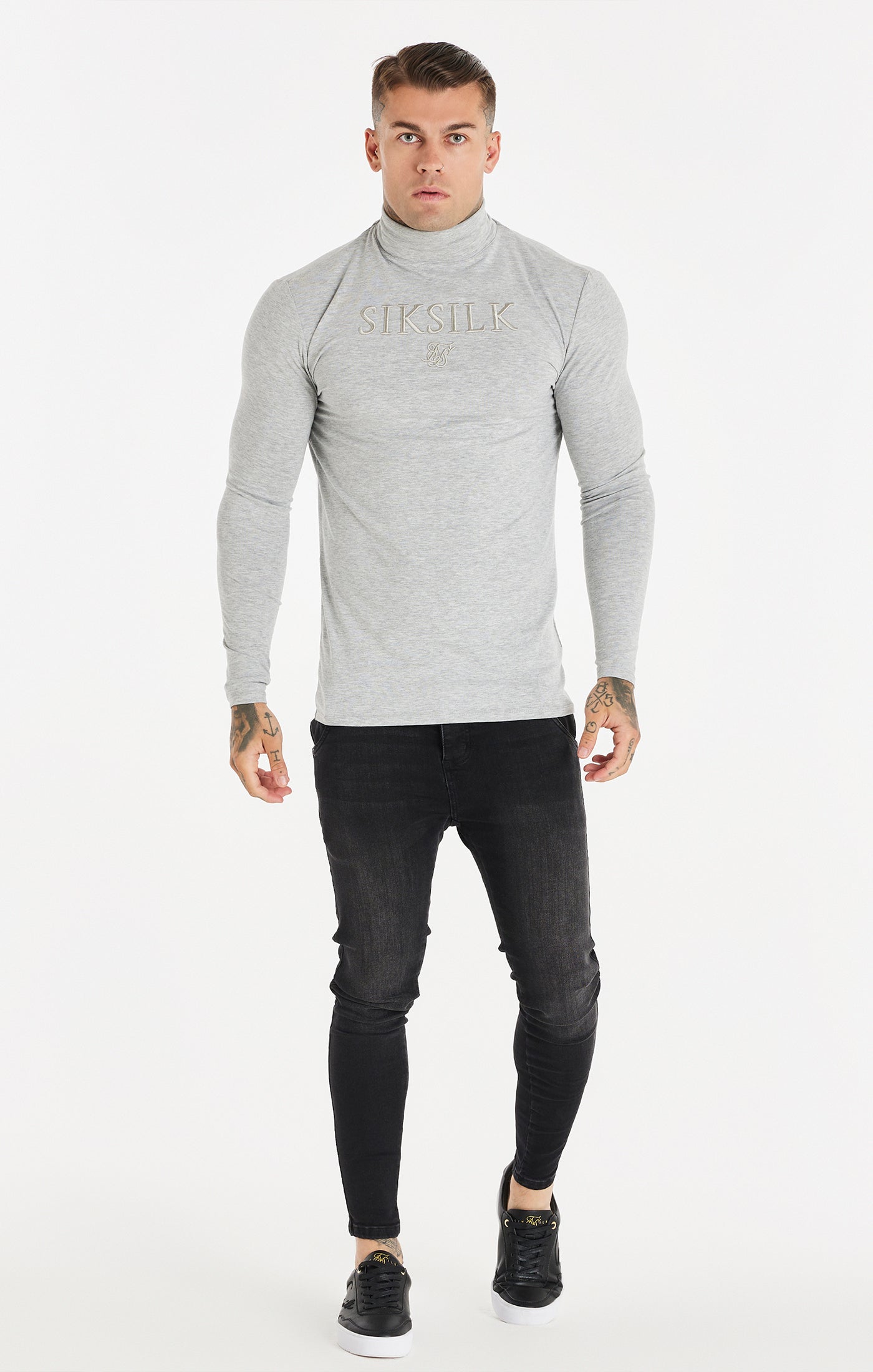 Grey Marl Long Sleeve Turtle Neck Muscle Fit T-Shirt (2)