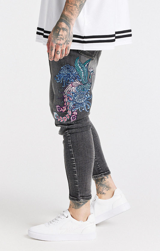 SikSilk X Steve Aoki Drop Crotch Embroidered Jeans - Snow Wash