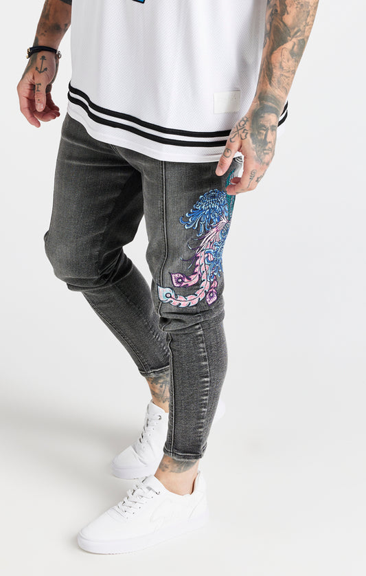 SikSilk X Steve Aoki Drop Crotch Embroidered Jeans - Snow Wash