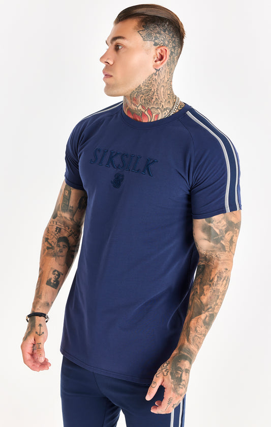 Marineblaues gestricktes T-Shirt in Muscle Fit-Passform mit Band