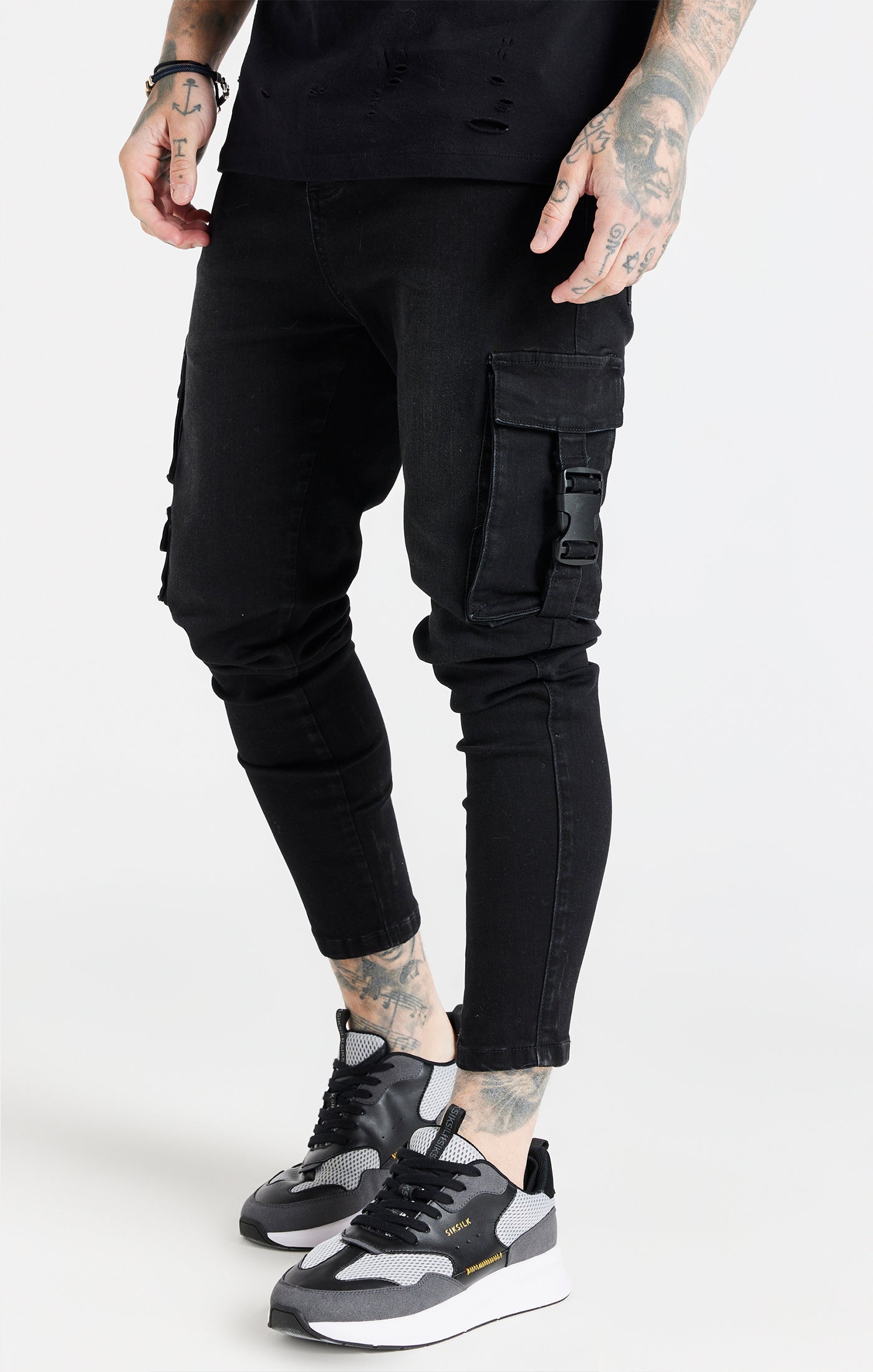 SikSilk Skinny-Jeans mit Cargo-Tasche mit Schnalle - Schwarz