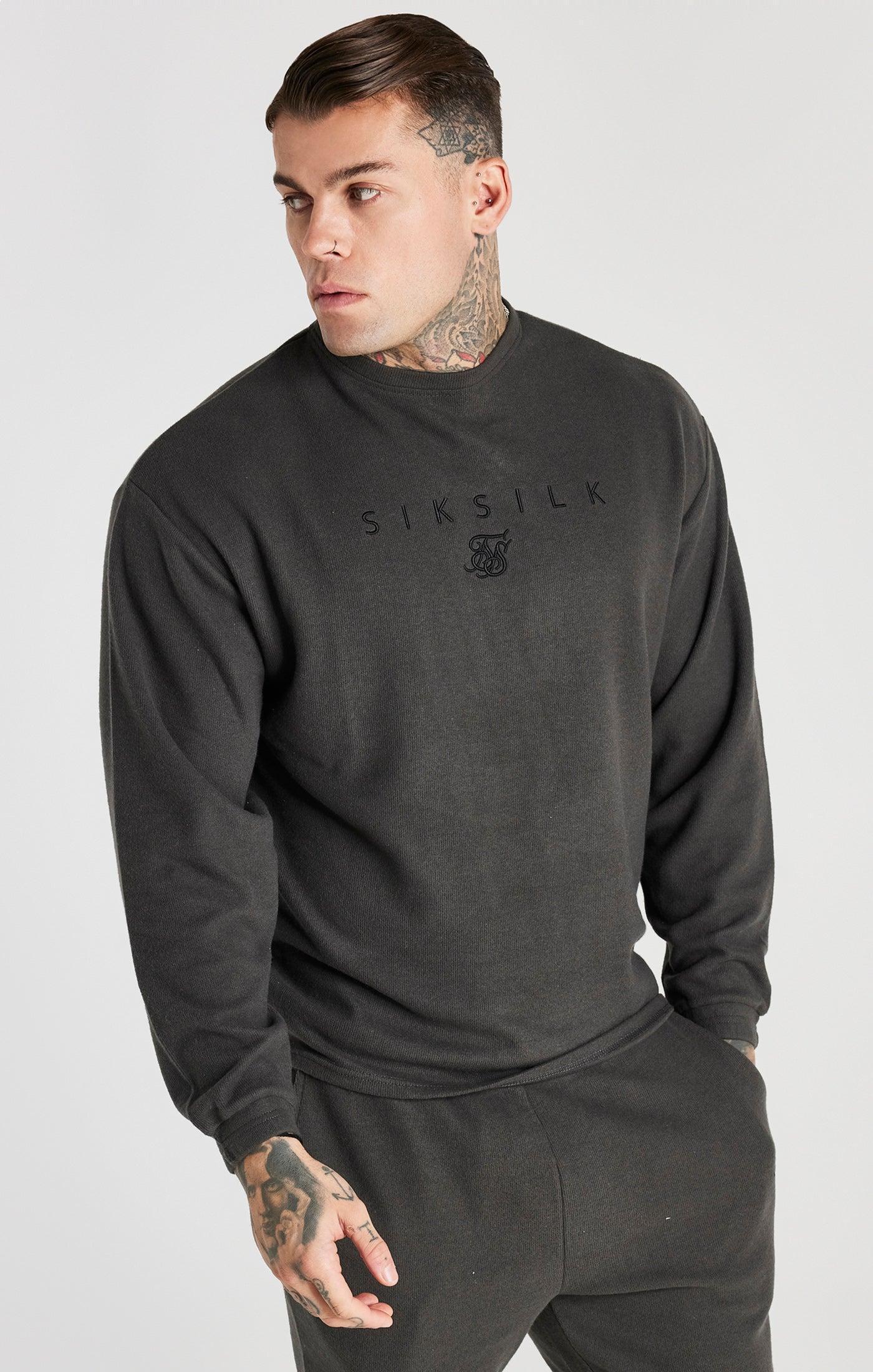 SikSilk Essential Gerippter Sweater mit langen Ärmeln - Dunkel-Grau
