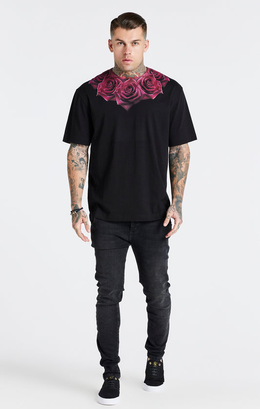 SikSilk T-Shirt mit lockerer Passform und Rosendruck – Schwarz