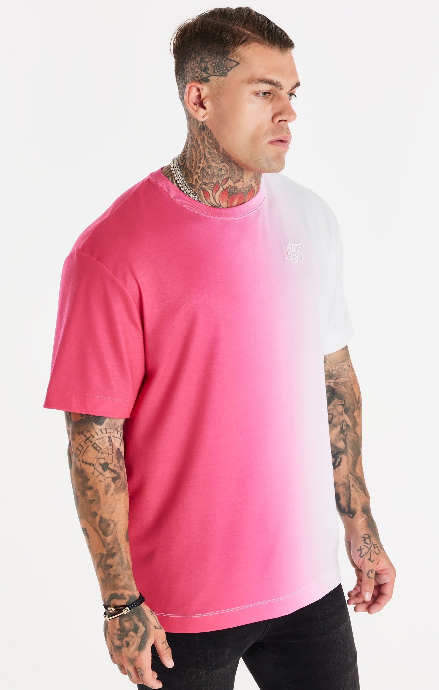 SikSilk Oversized-T-Shirt mit Fade-out – Rosa &amp; Weiß
