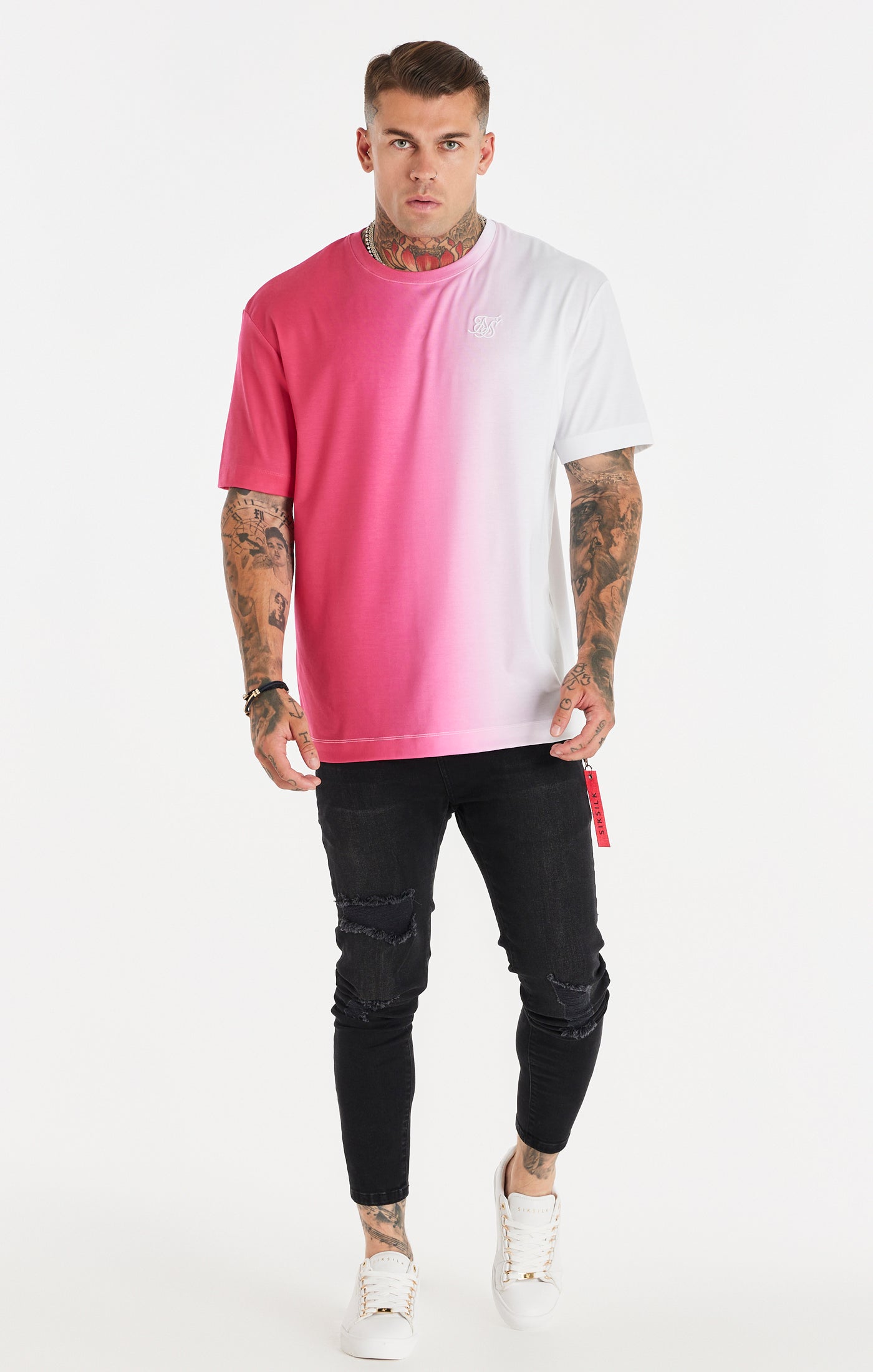 SikSilk Oversized-T-Shirt mit Fade-out – Rosa &amp; Weiß (2)
