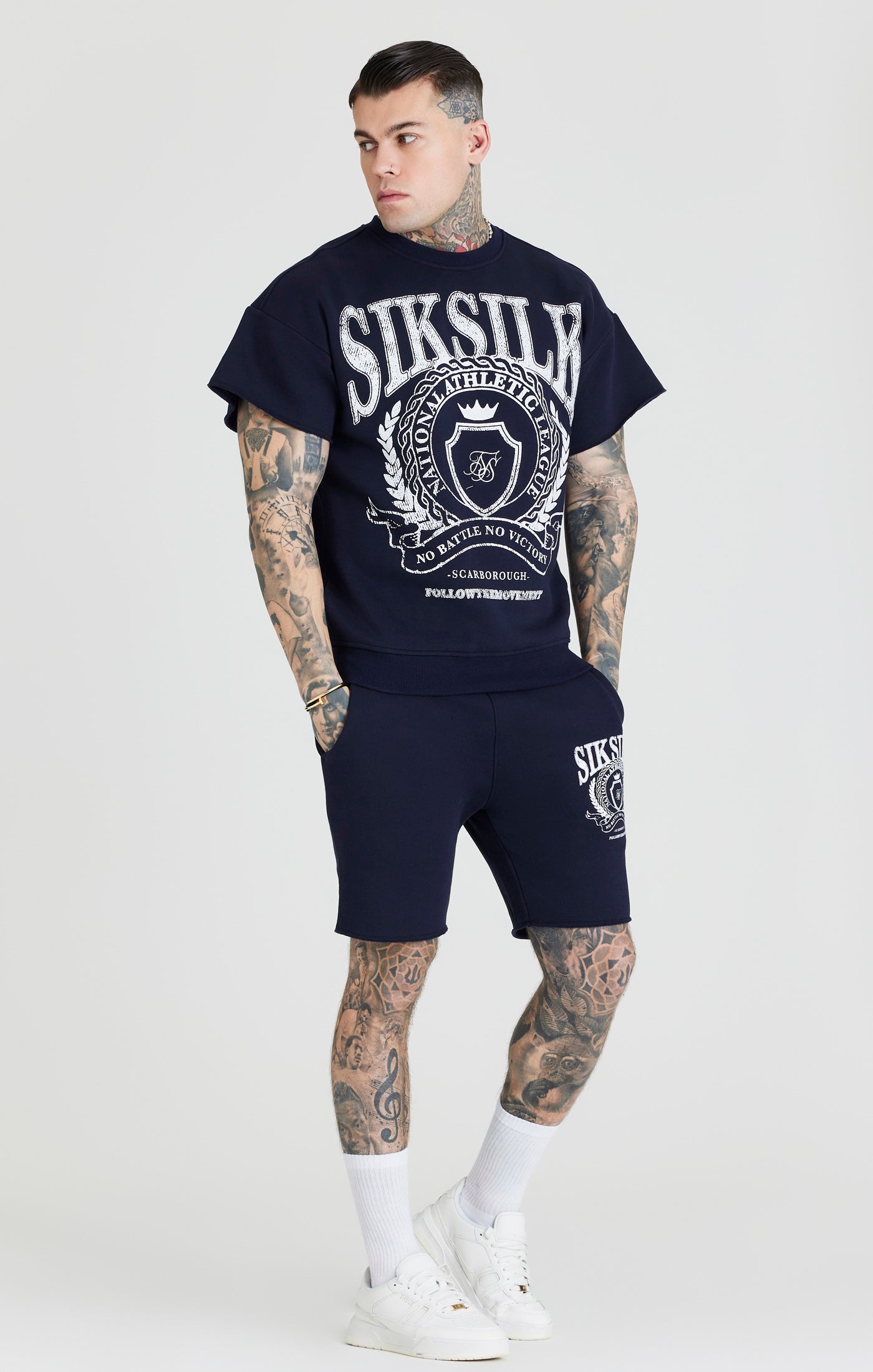 SikSilk Varsity-Sweater mit kurzen Ärmeln – Marineblau (2)