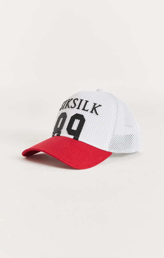 SikSilk 89 Trucker Cap aus Allover-Mesh – Weiß & Rot