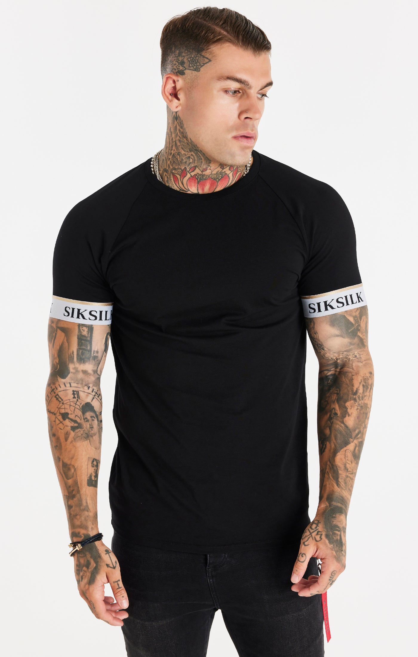 SikSilk Funktions-T-Shirt mit Raglanärmeln mit Satinband – Schwarz