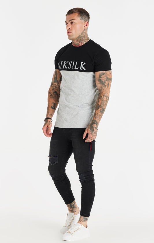 SikSilk Gym-Fußball-T-Shirt mit Einsatz-Detail – Schwarz & Grau meliert