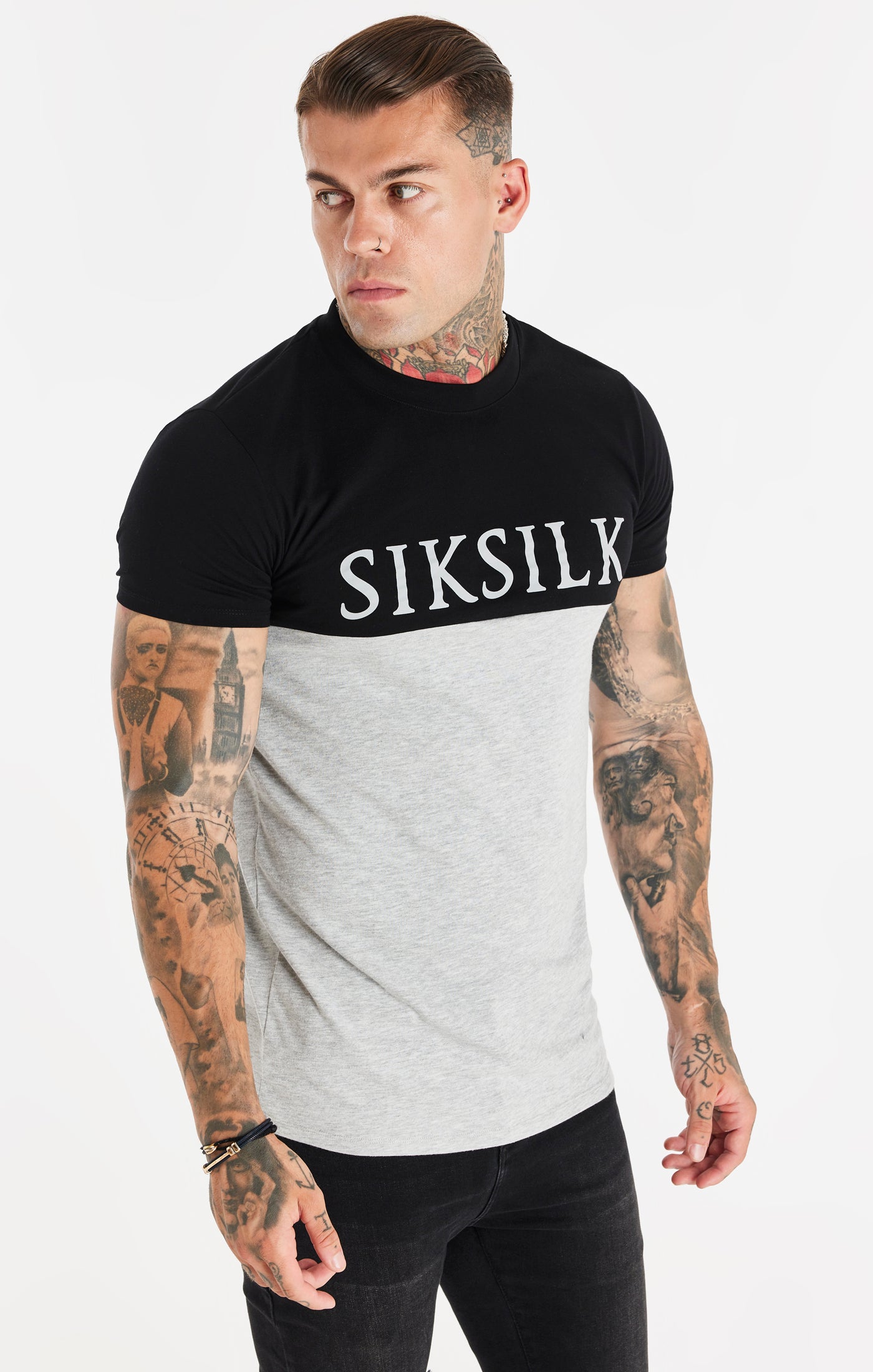 SikSilk Gym-Fußball-T-Shirt mit Einsatz-Detail – Schwarz &amp; Grau meliert