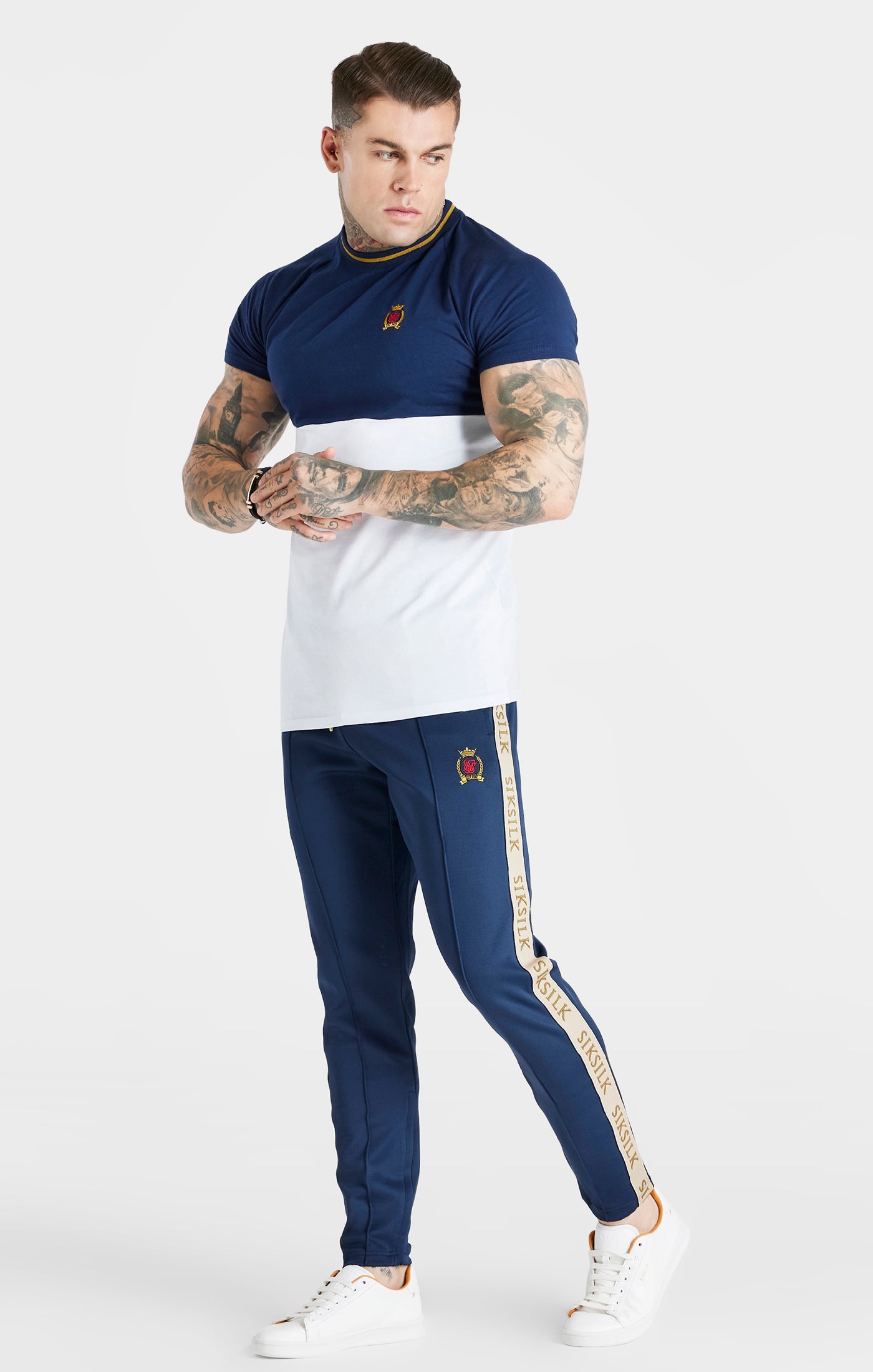 Marineblaues Cut &amp; Sew Muscle Fit T-Shirt (3)