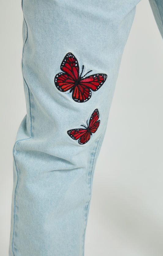 Hellblaue Waschung Butterfly Straight Cut Denim Jeans