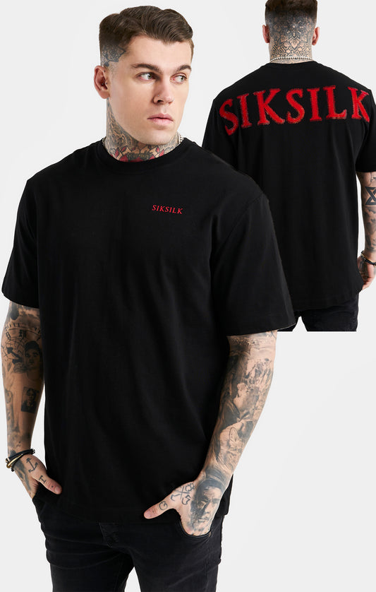 SikSilk Oversized-T-Shirt mit Strassapplikation – Schwarz