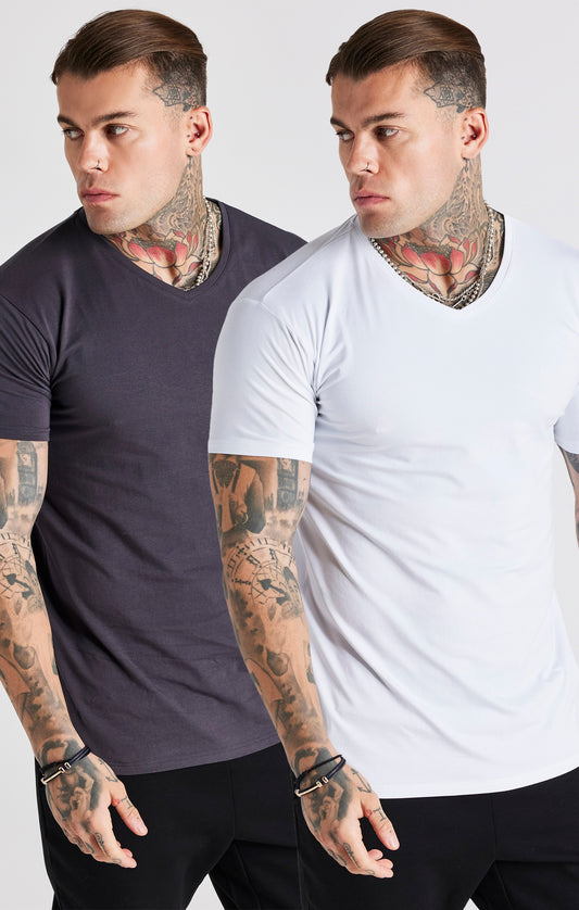 Weißes und Graues T Shirt im Doppelpack mit V Ausschnitt